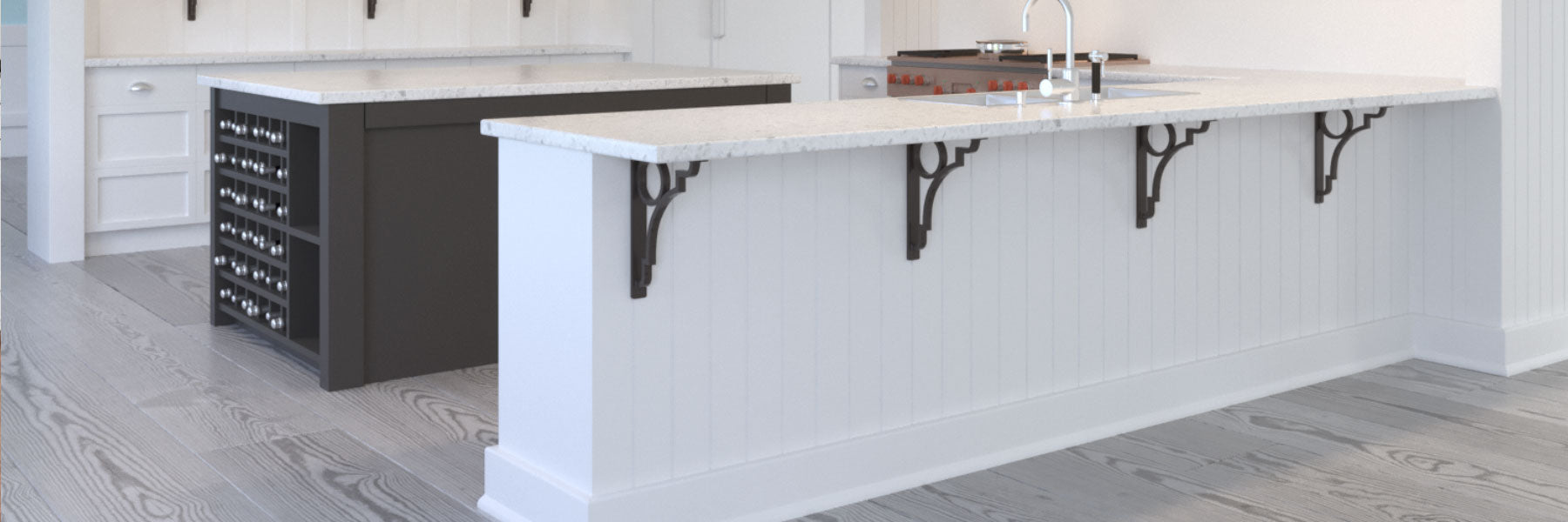 Decorative Iron Corbels supporting a large granite countertop overhang on this kitchen peninsula.