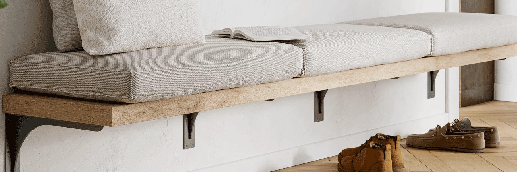 Floating Bench Seat created with floating bench brackets mounted to wall