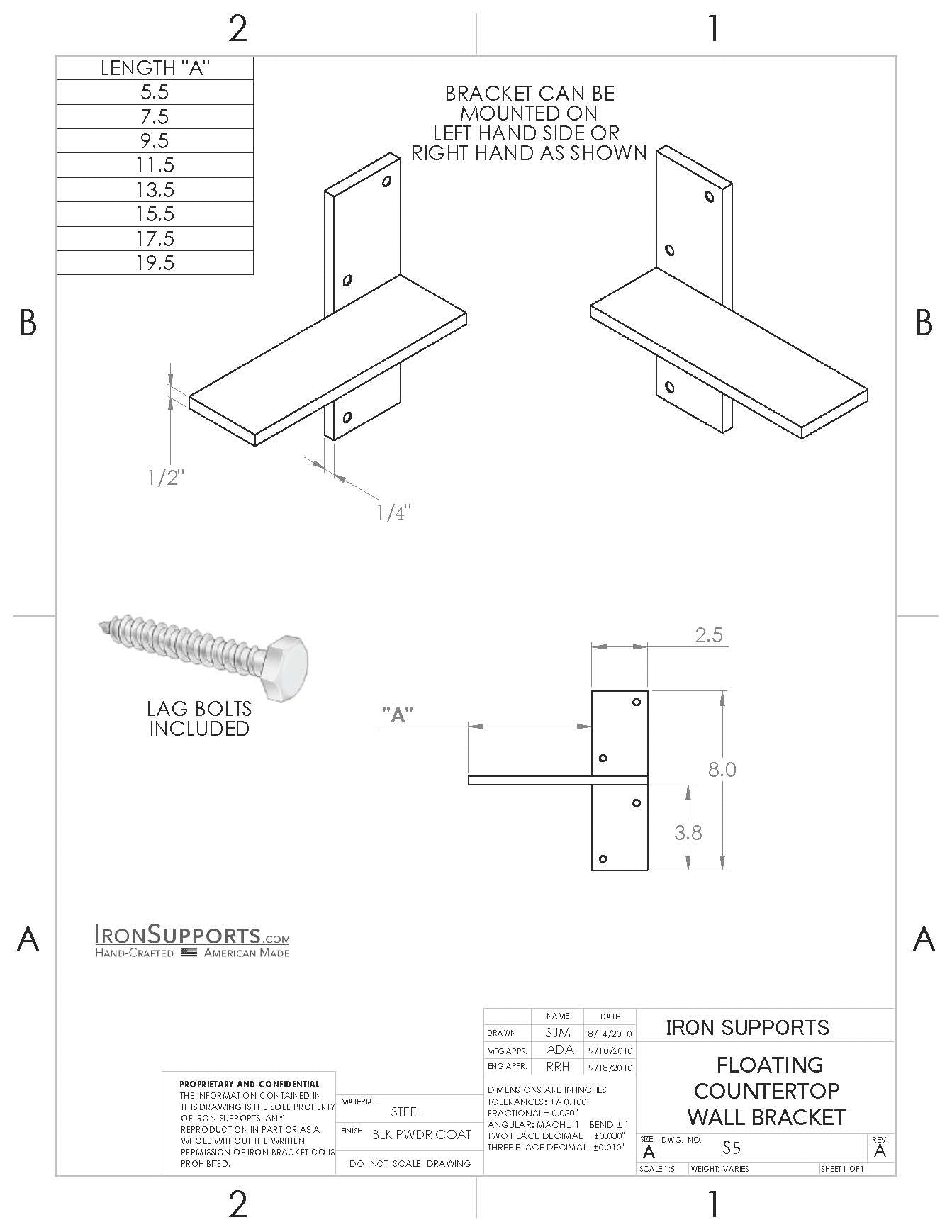 Engineered drawing of the Floating Countertop Wall Bracket. Provides detailed specifications for installation and support.