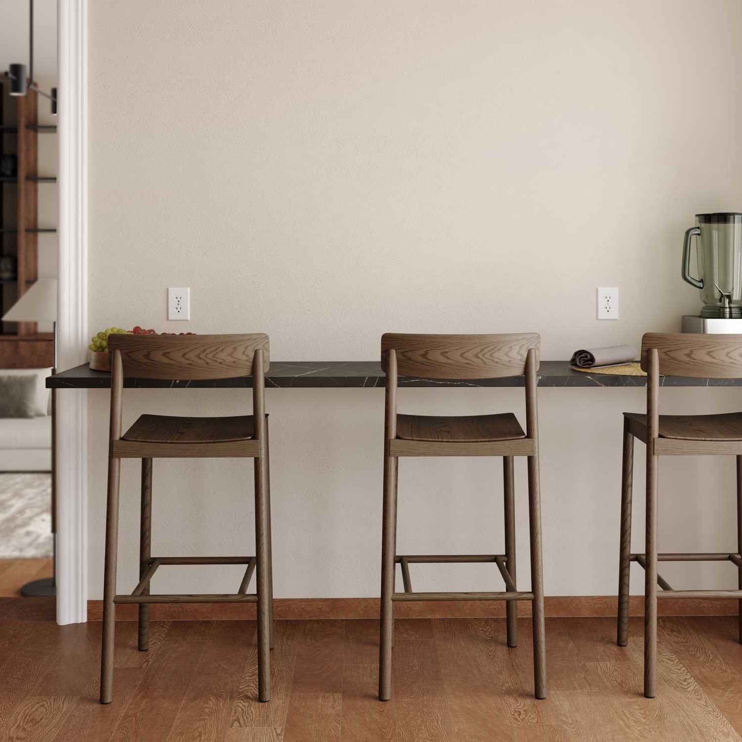 Floating Countertop Wall Brackets supporting a floating stone countertop with bar seating.