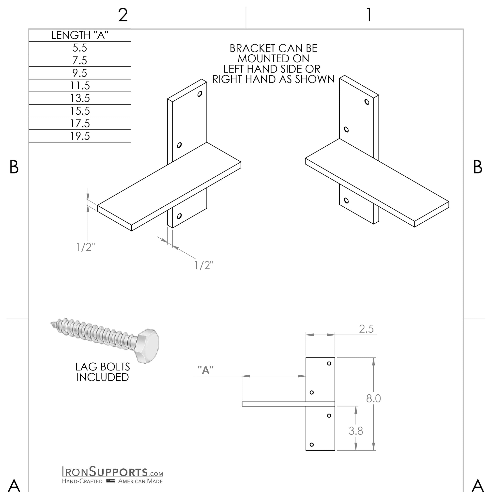 Engineered drawing of the Floating Countertop Wall Bracket. Provides detailed specifications for installation and support.