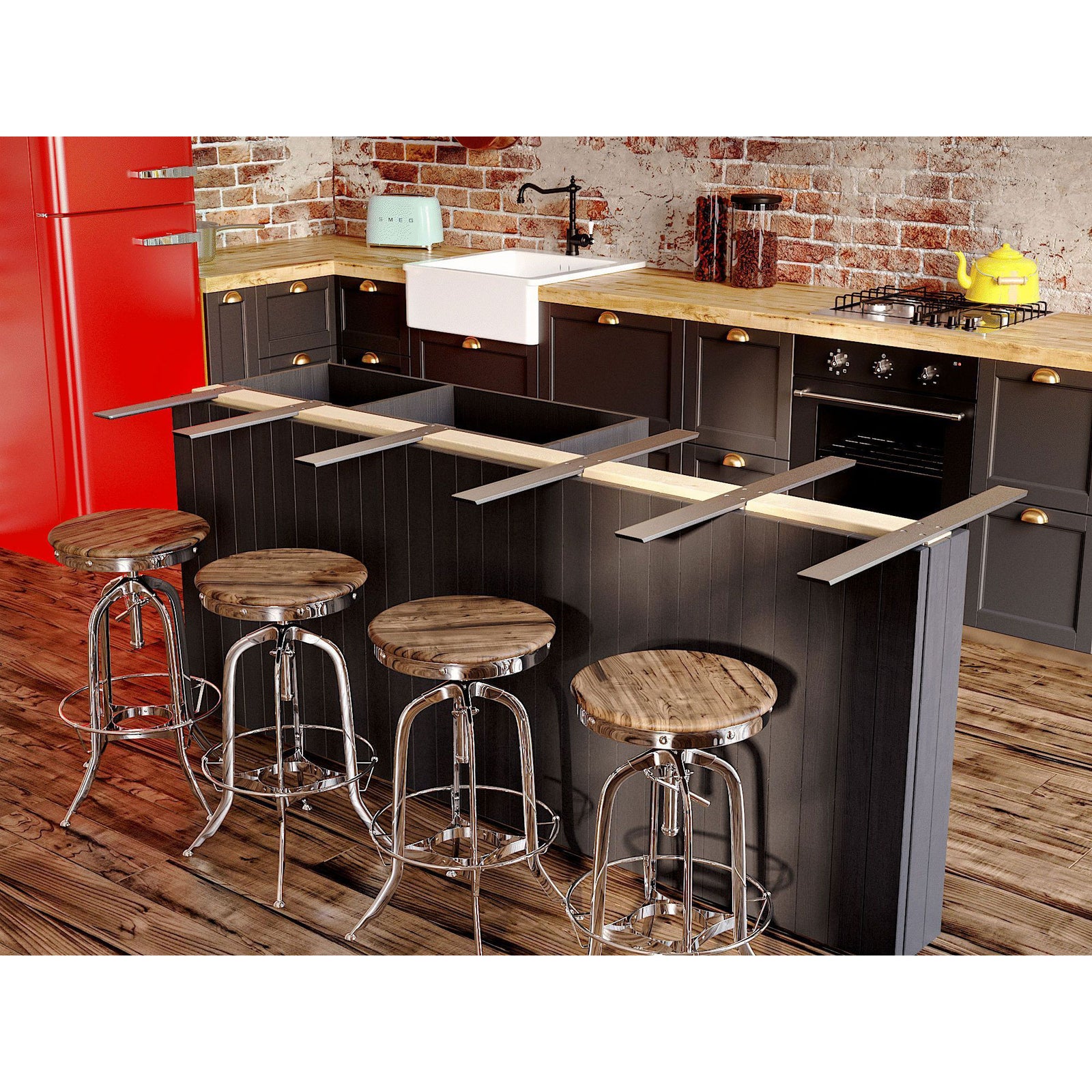 Hidden Knee wall Countertop Bracket provides countertop support on both sides of the knee wall by stradling the wall and providing cantlieverd support on both sides.