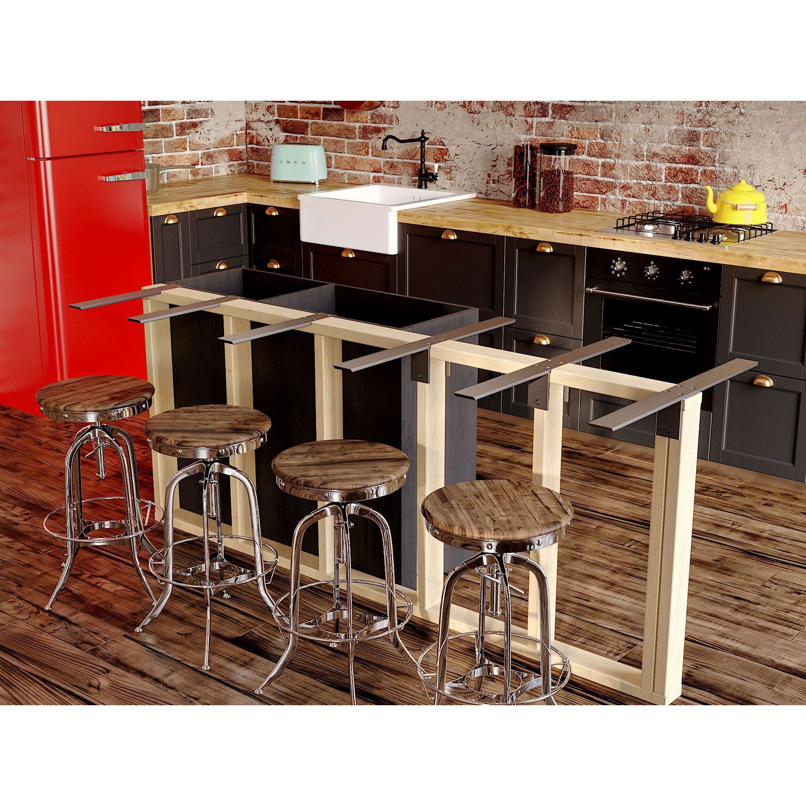 Knee wall Countertop Bracket provides countertop support on both sides of the knee wall by straddling the wall and providing cantilevered support on both sides.