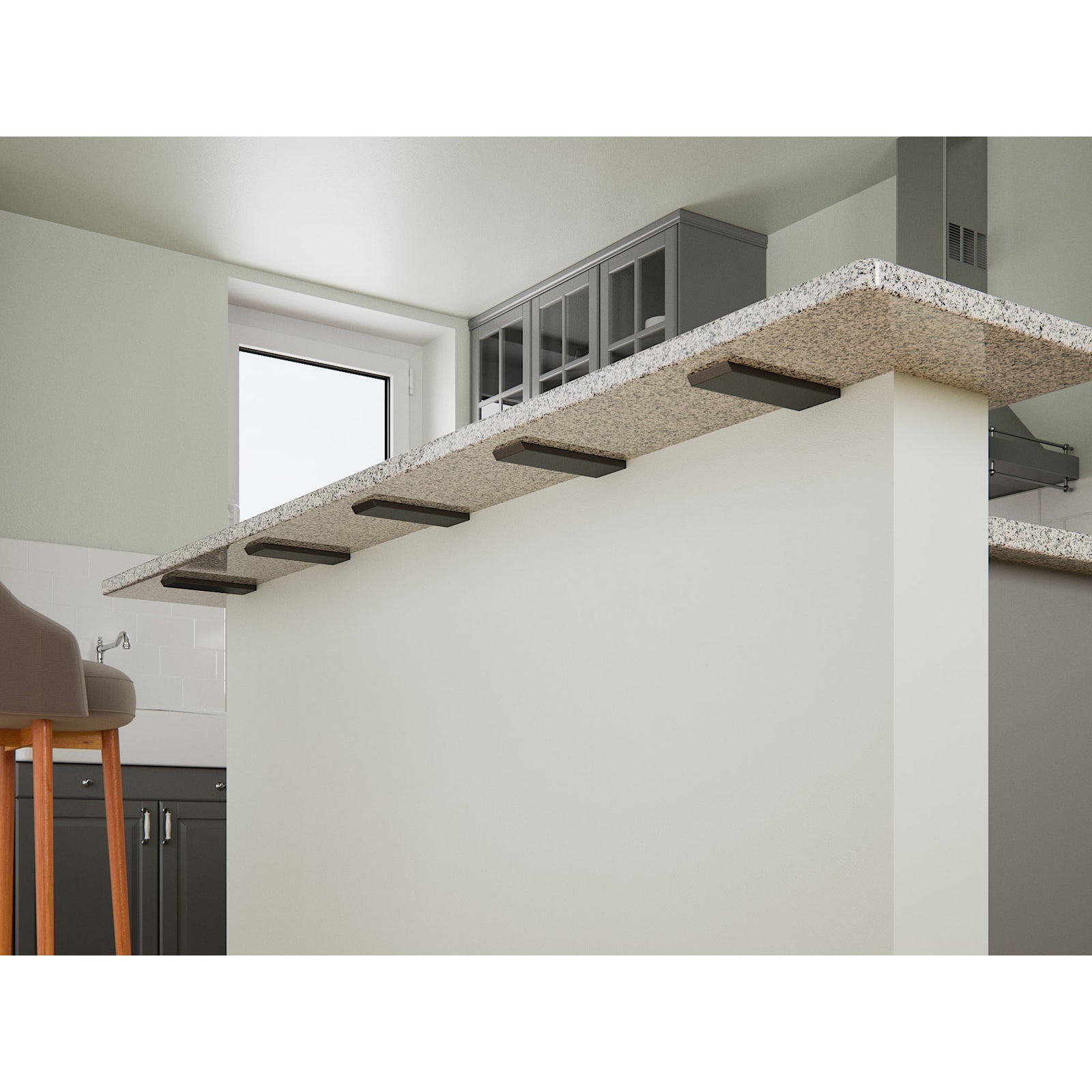 Iron Supports® Hidden Countertop Support Bracket for Pony/Knee Wall Overhangs - American Steel Construction - Powder Coated Finish - Mounting Hardware Included - Pictured here the brackets are supporting a floating granite countertop with an overhang on a bar height Pony Wall that is framed behind the kitchen Island cabinet base giving this client a higher countertop height on the back side.
