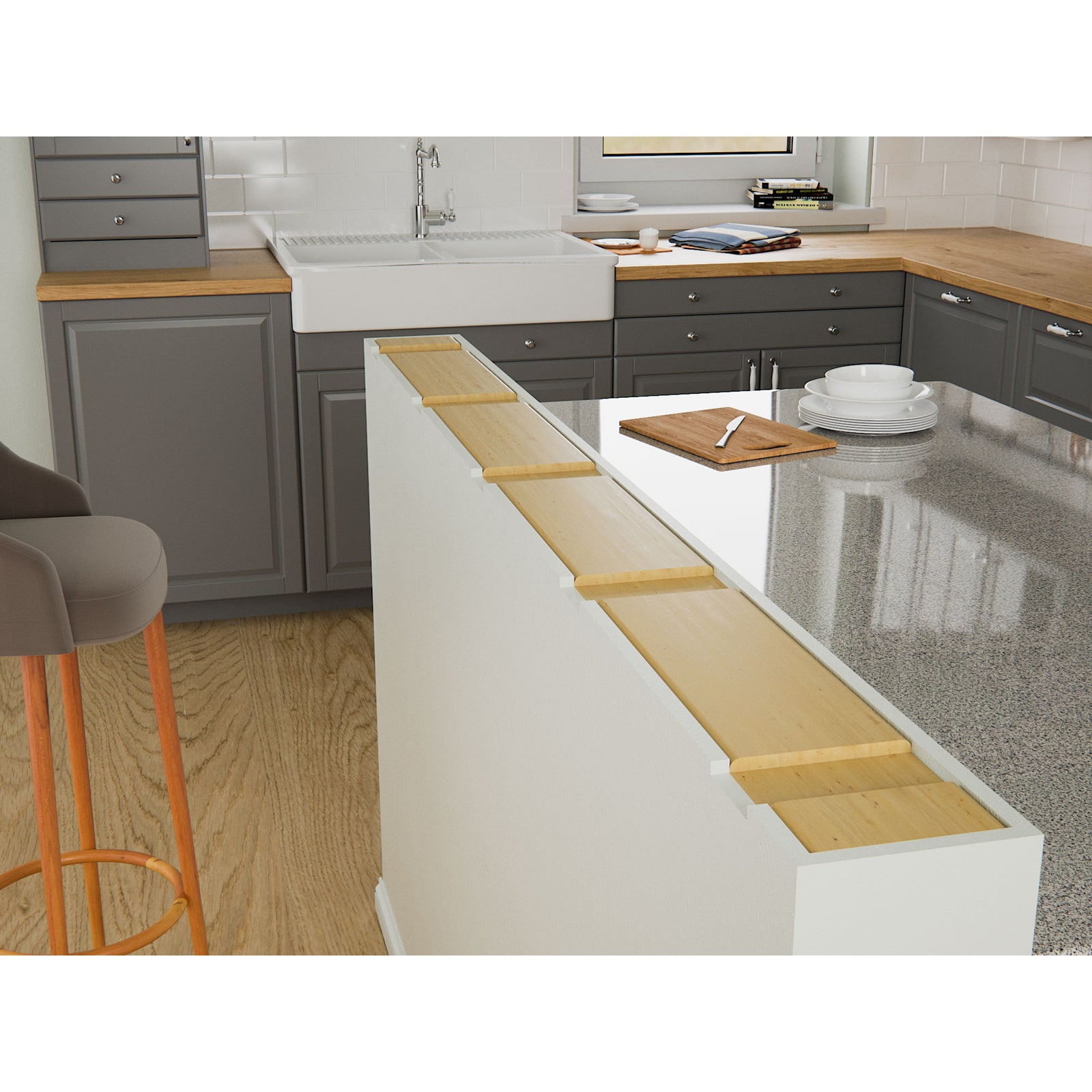 Iron Supports® Hidden Countertop Support Bracket for Pony/Knee Wall Overhangs - American Steel Construction - Powder Coated Finish - Mounting Hardware Included - Pictured here the pony wall has the marked and routed out channels where the hidden granite countertop flat bracket will be mounted recessed and flush with the 2x6 framing providing a flat and stable surface to set the floating granite countertop on.