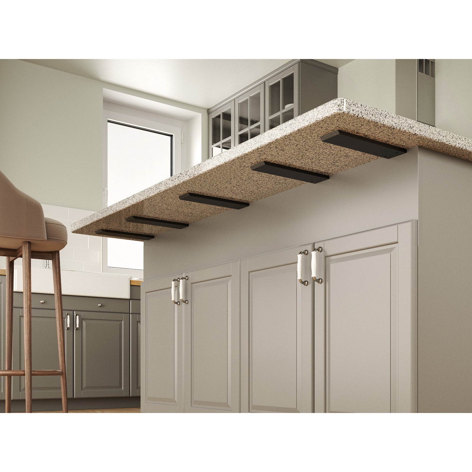 Hidden Granite Countertop L Bracket installed on cabinet supporting a granite countertop overhang on this kitchen island - View from under counter.