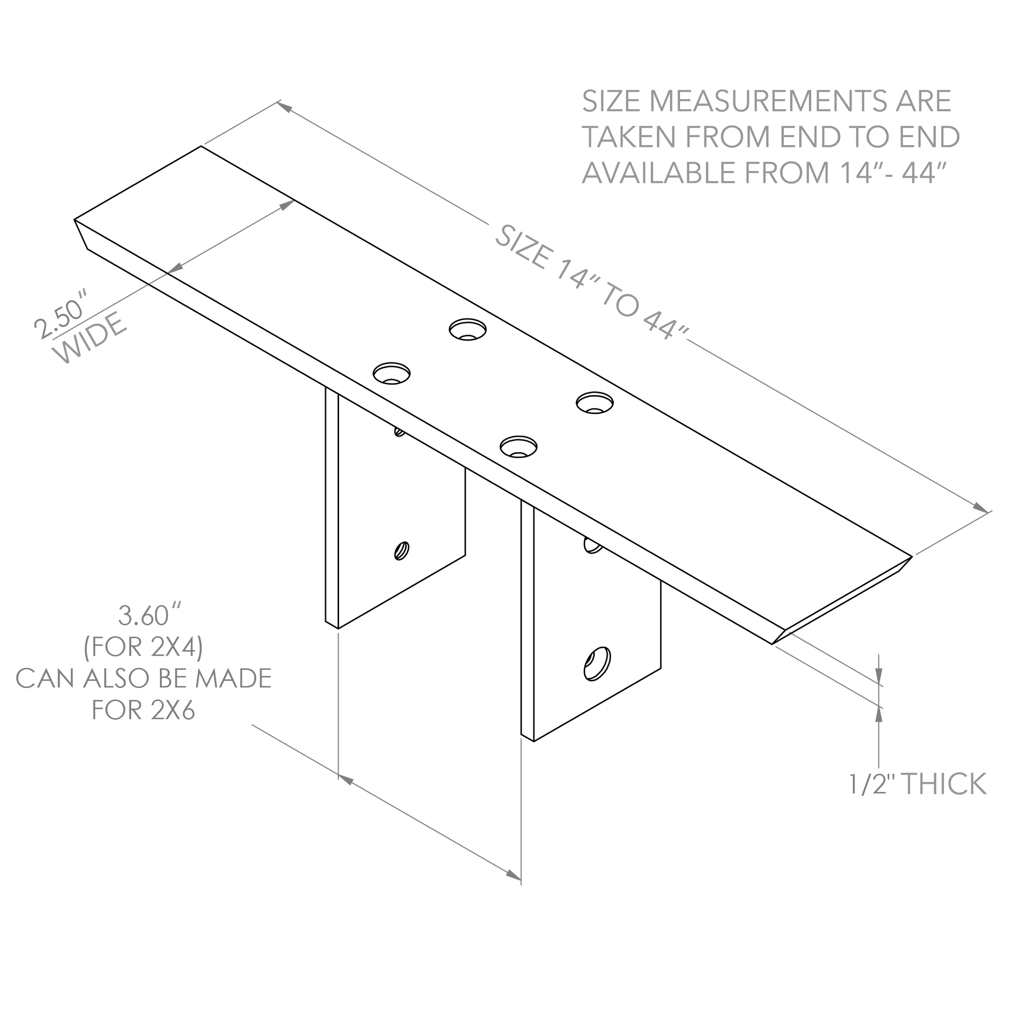 Center Mount Bracket spec sheet showing size lengths and thickness. Versatile countertop overhang support.
