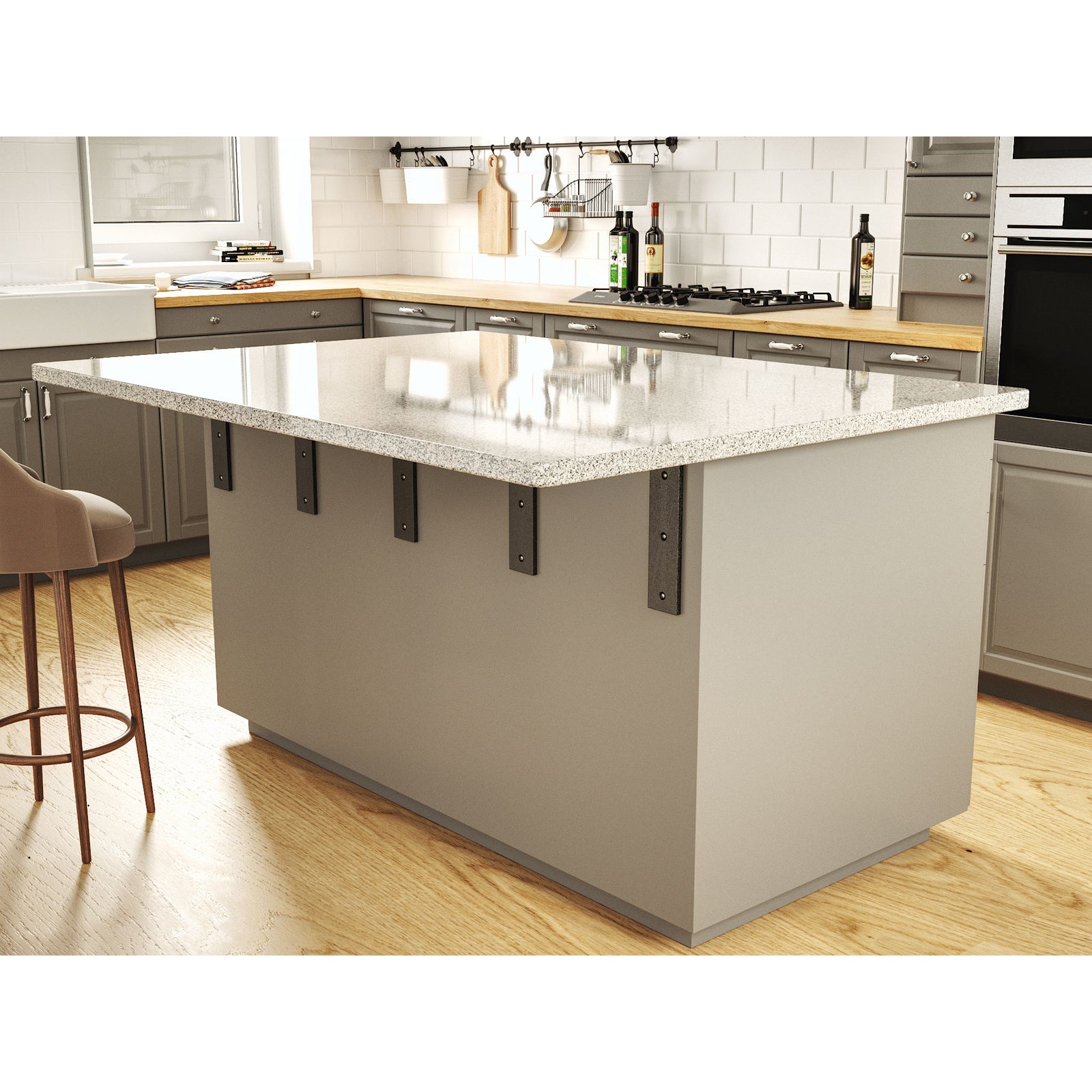 Standard front mount countertop L bracket installed on kitchen island and supporting a large granite countertop overhang.