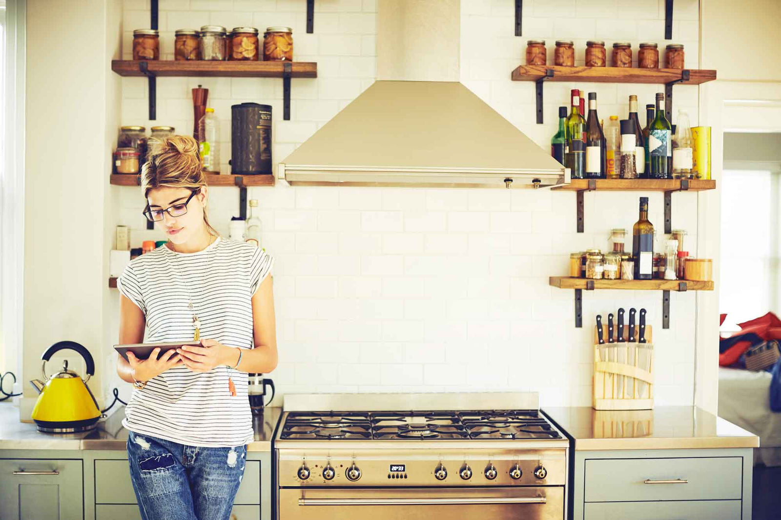 Farmhouse Metal Shelf Bracket in black finish in a Farmhouse Kitchen. Featuring counter sunk holes to provide fast and easy mounting.