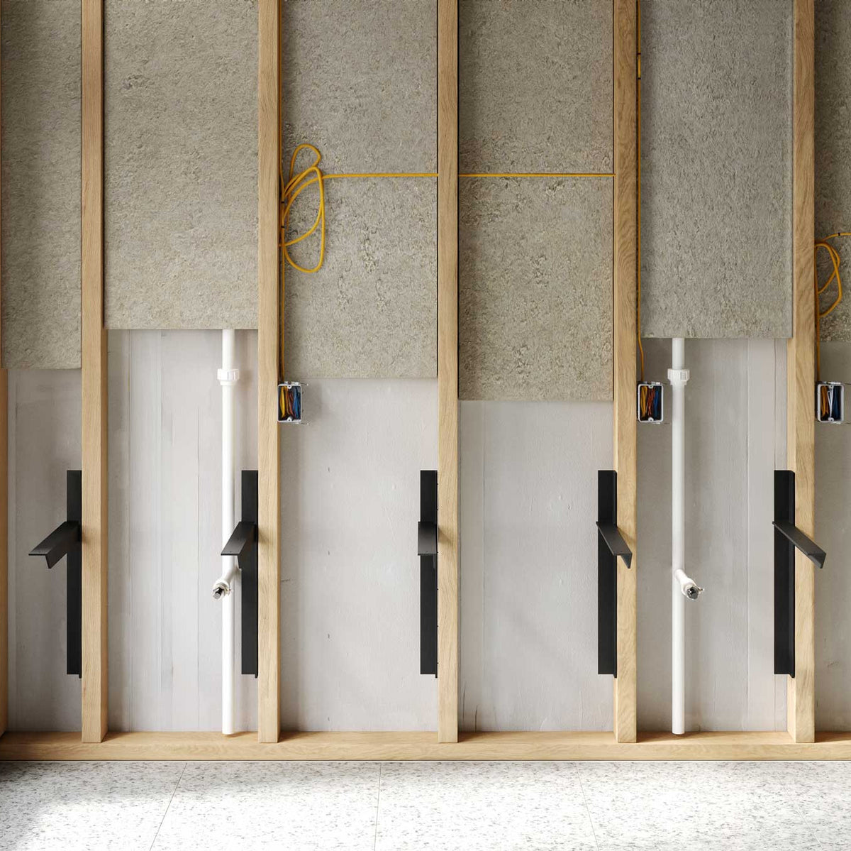 HD Hidden Floating Vanity Brackets installed on wall studs, ready to support a floating sink in a bathroom under construction.