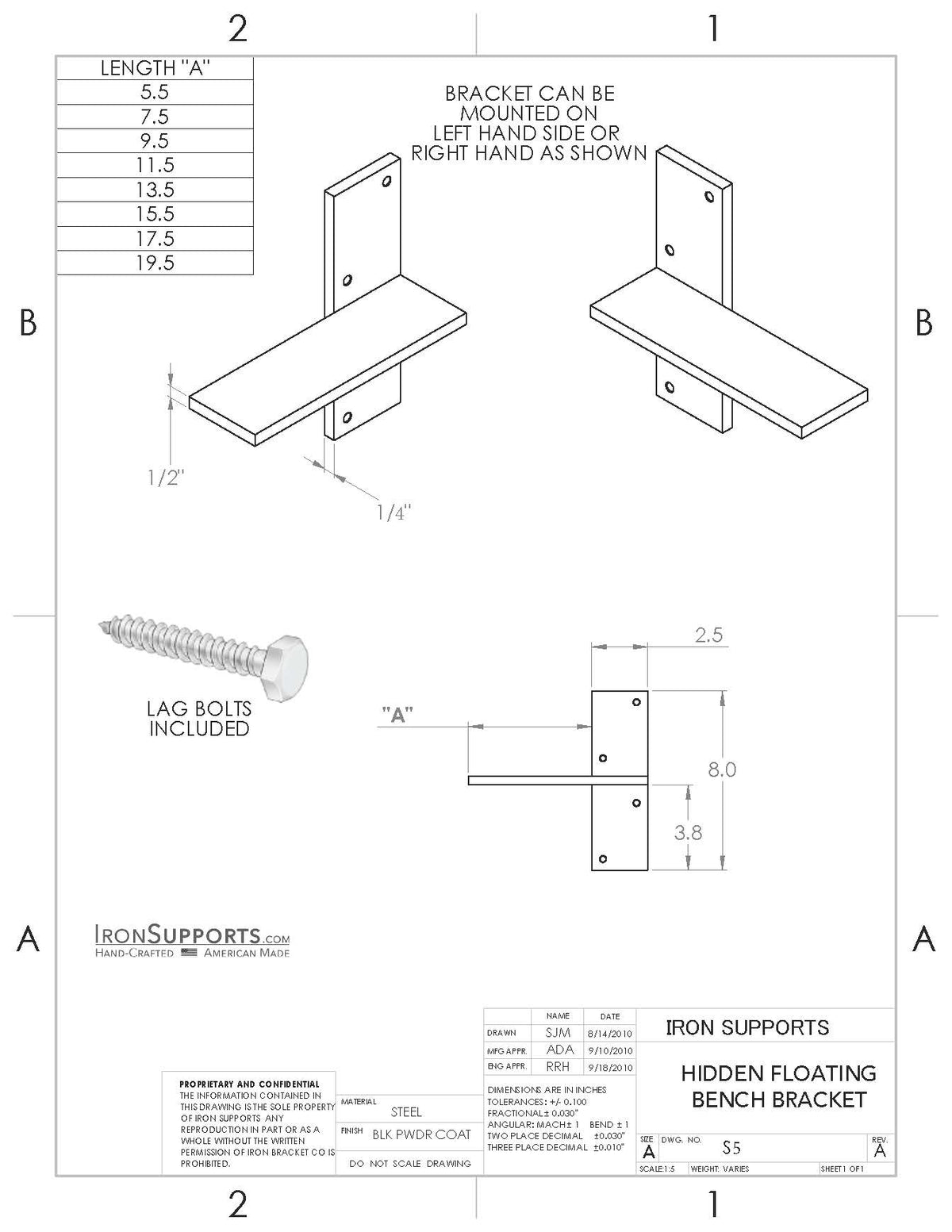 Engineered drawing of the Hidden Floating Bench Bracket. Provides detailed specifications for installation and support.