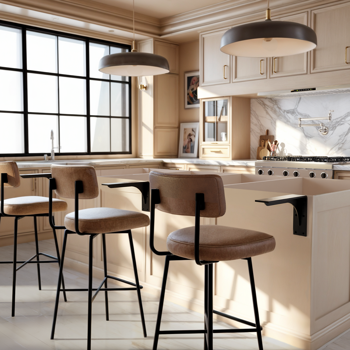 Black powder-coated HD Front Mount Countertop L Brackets installed on a kitchen island, ready to provide sturdy support for an extended countertop.