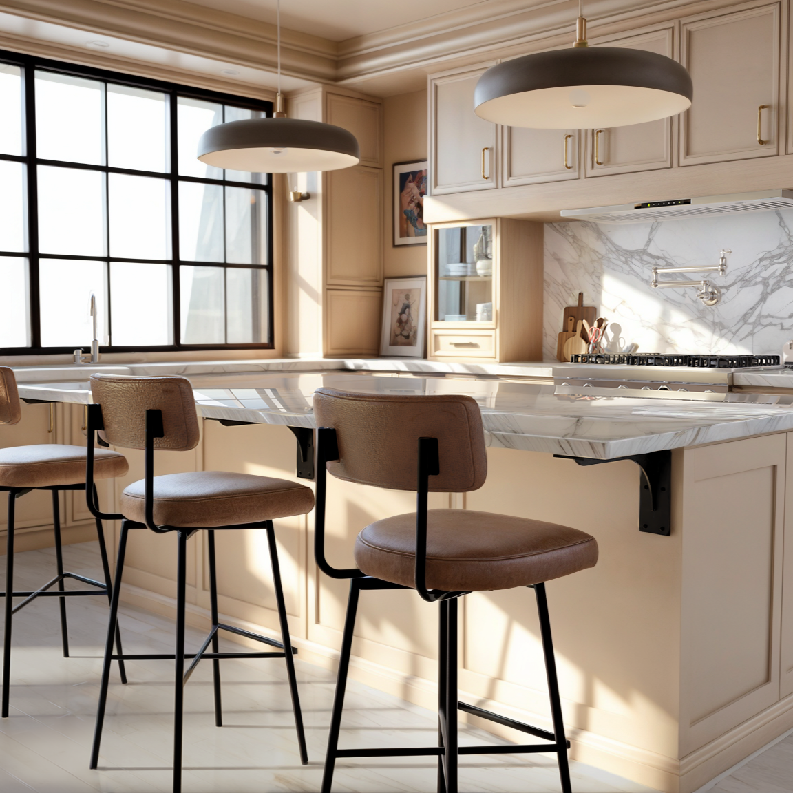 Black powder-coated HD Front Mount Countertop L Brackets installed on a kitchen island with a side view. Providing sturdy support for an extended countertop.