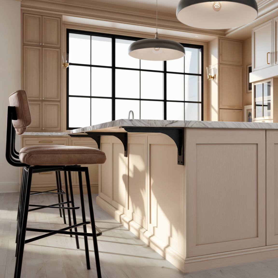 Black powder-coated HD Front Mount Countertop L Brackets installed on a kitchen island, providing sturdy support for an extended countertop.
