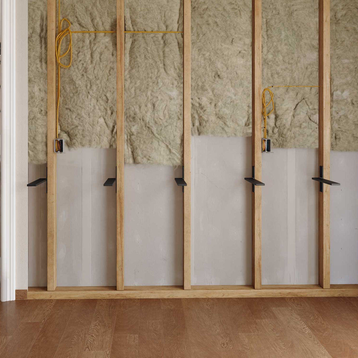 Floating Countertop Wall Brackets mounted to wall studs during construction for secure countertop support.