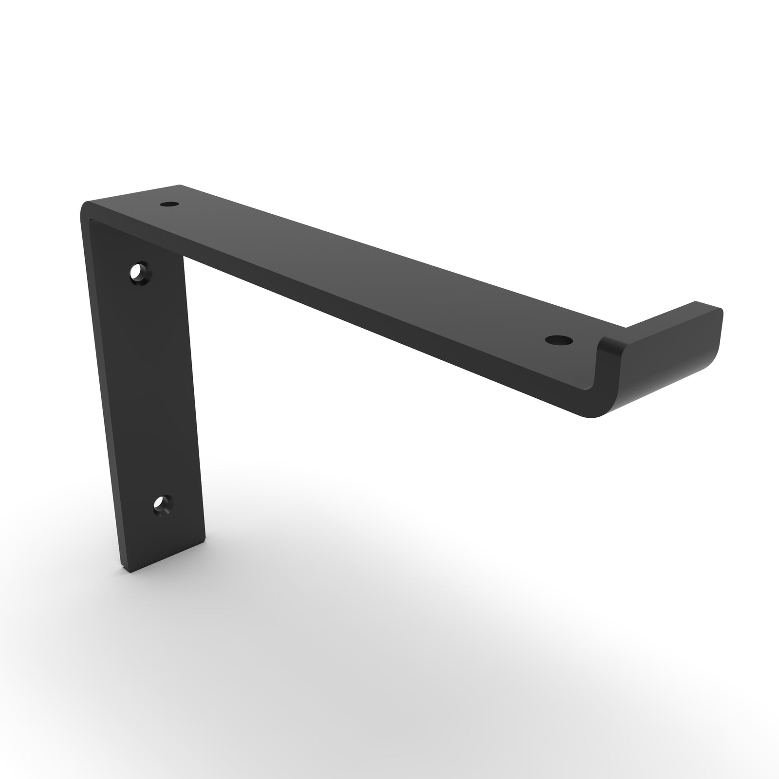 Farmhouse Metal Shelf Bracket with Lip in black finish. Counter sunk holes to provide fast and easy mounting. 