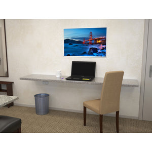 Floating support brackets installed in the wall and being used to support a floating countertop, or desk area.
