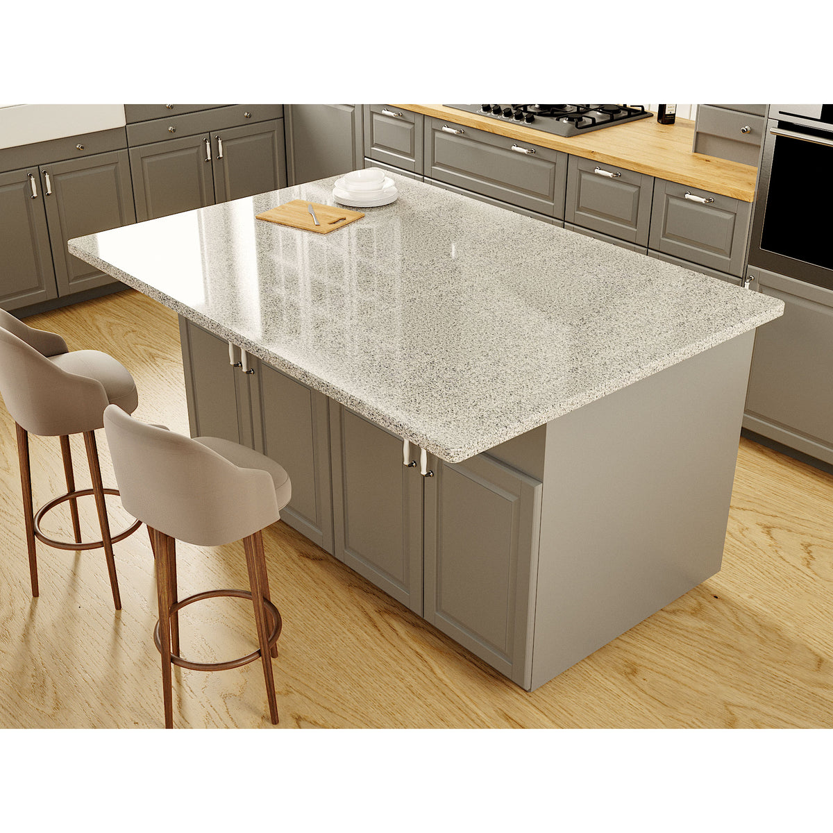Hidden Granite Countertop L Bracket installed on cabinet supporting a granite countertop overhang on this kitchen island - View from above the countertop.