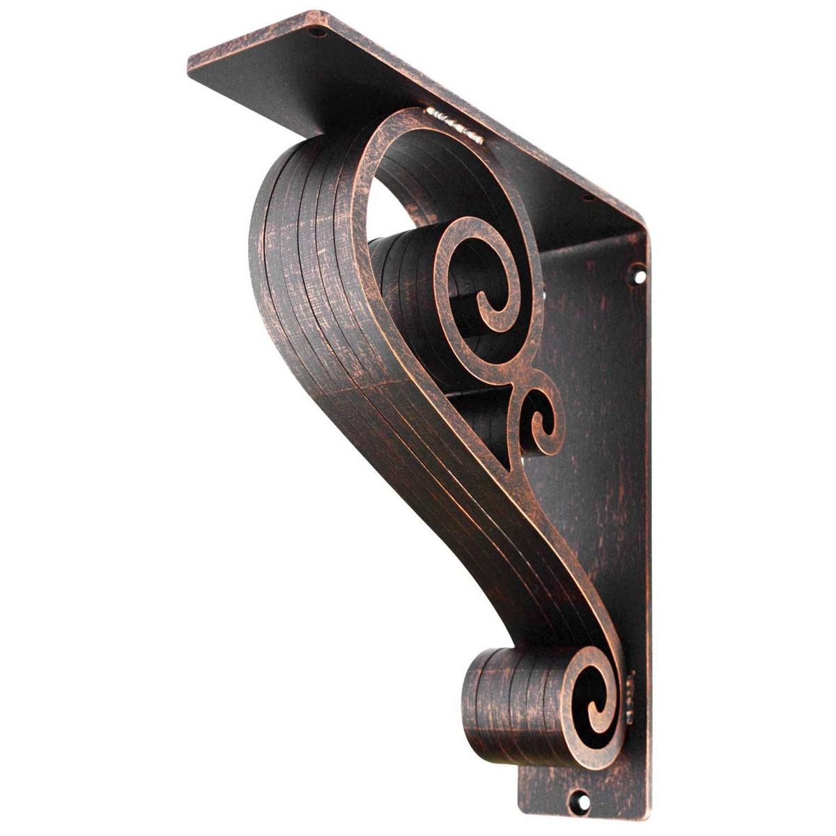 Pictured is the 3-inch wide 10x12 Classic Scroll Corbel with Aged Bronze Iron Finish