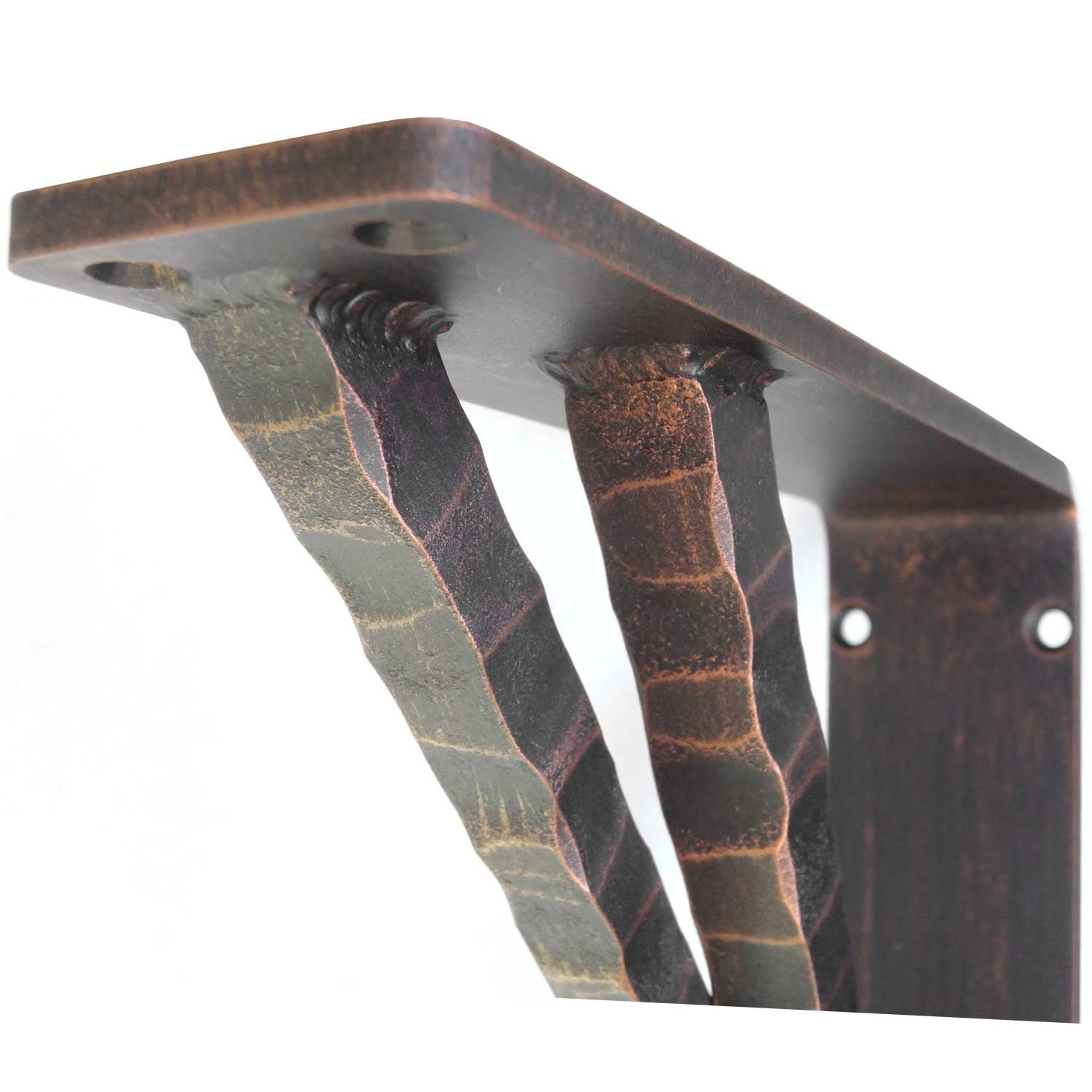 Pictured is the 2-inch wide hand-forged Torches Corbel with our aged bronze iron finish.